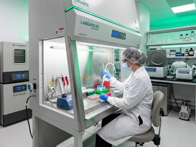 Cabine de segurança biológica em uso num laboratório